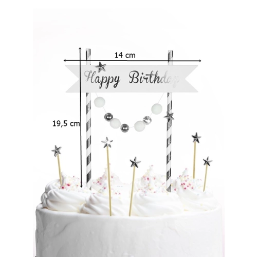 Topper girlanda ozdoby na tort napis Happy Birthday pomponiki gwiazdki biało-srebrne dekoracje urodzinowe